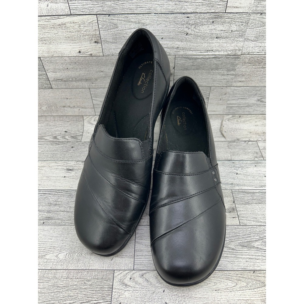 Clarks Collection Women Sz‎ 10W Black Leather Ultimate Comfort Wedge Loafers